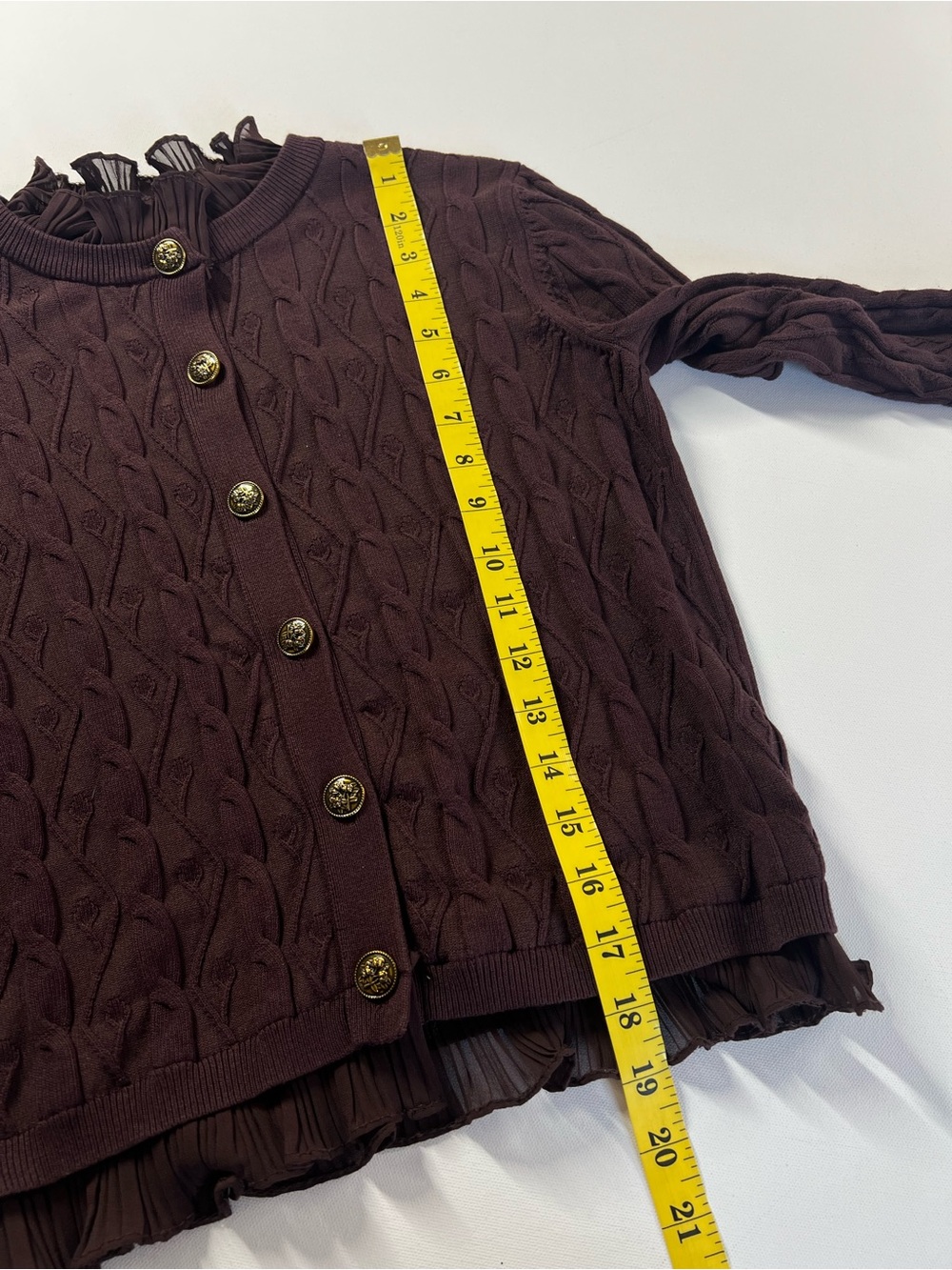 Disturbia Women's Cable Knit Cardigan Burgundy Ashen Vine Ruffle Slim Fit Size M - Picture 14 of 15